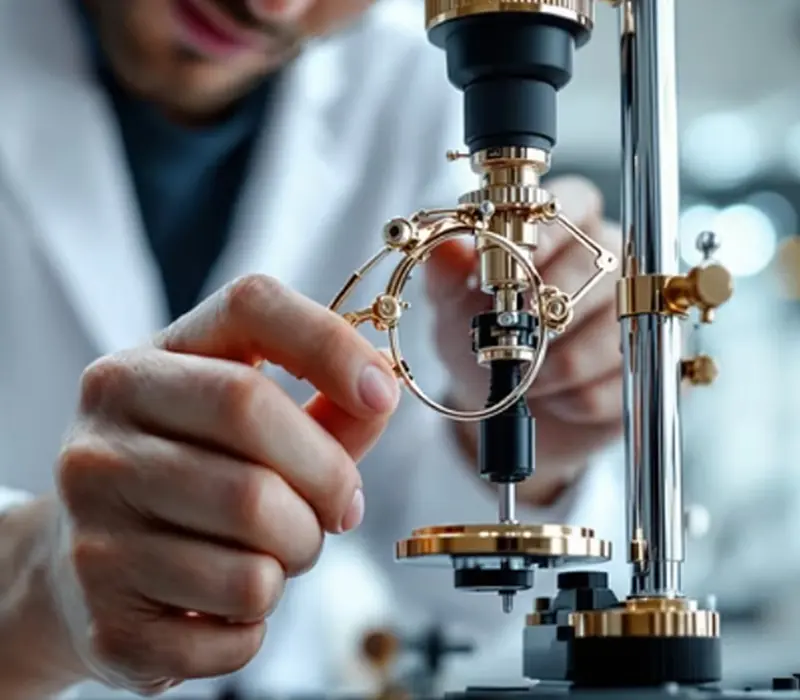 Researcher working with precision instrument