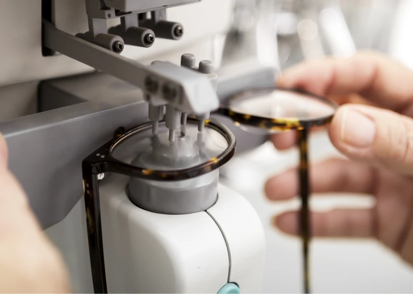 Eyeglass lens being repaired