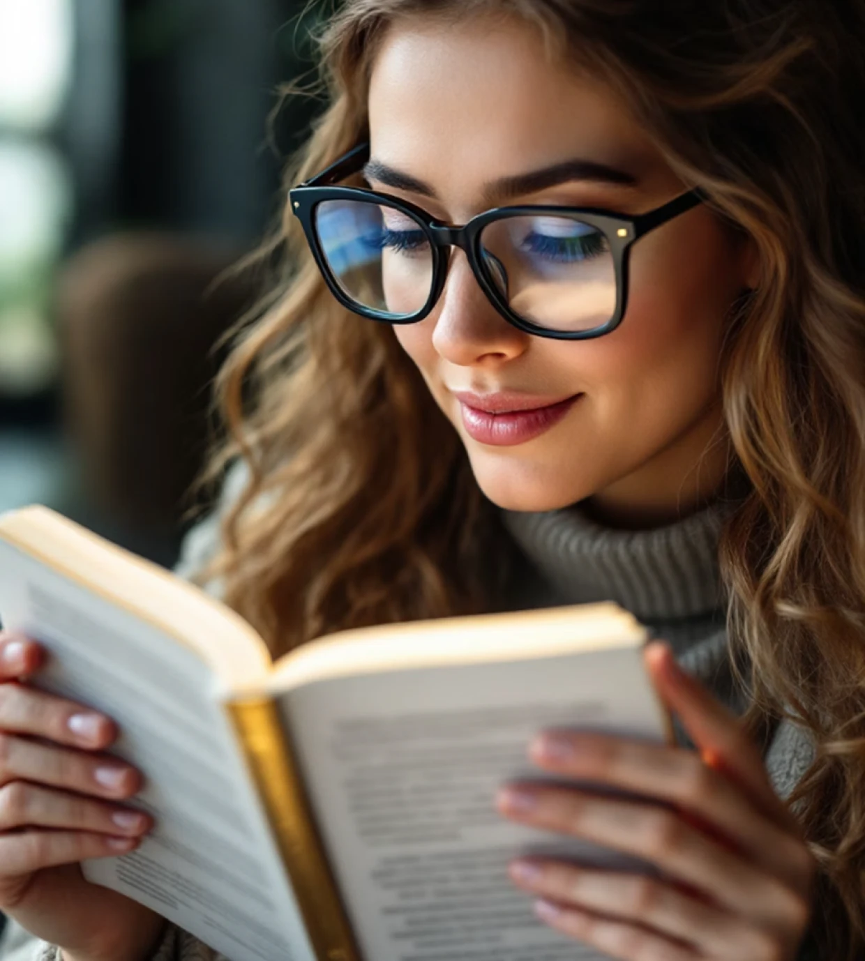 Woman reading a book with glasses